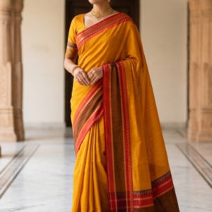 Mustard Yellow & Maroon Soft Kanchi Cotton Saree with Blouse Piece