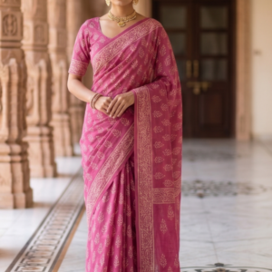 Rani Pink Hand Block Printed Soft Mulmul Cotton Saree with Matching Blouse Piece