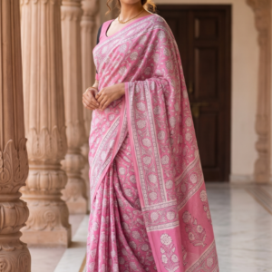 Pastel Pink Floral Handblock Mulmul Cotton Saree