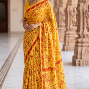 Yellow Hand-Block Floral Print Mulmul Cotton Saree