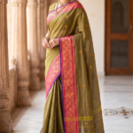 Olive-Gold Kanchi Cotton Saree with Rani Pink & Purple Zari Border (Without Blouse)
