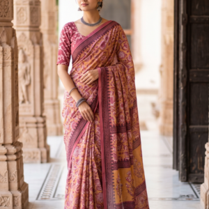 Hand-Block Printed Ajrakh Mulmul Cotton Saree in Natural Nashpal Dye (With Blouse Piece) 2808