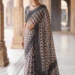 Hand-Block Printed Ajrakh Mulmul Cotton Saree in Natural Nashpal Dye (Off-white/beige)