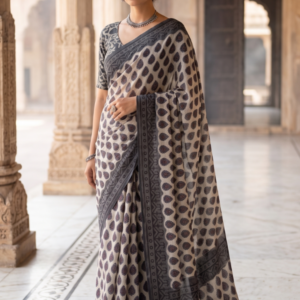 Hand-Block Printed Ajrakh Mulmul Cotton Saree in Natural Nashpal Dye (Off-white/beige)