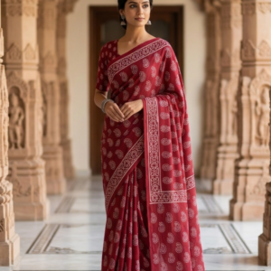 Deep Maroon Mulmul Cotton Saree with Paisley Block Prints
