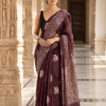 Plum Mulmul Cotton Saree with Traditional Floral Block Print