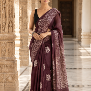Plum Mulmul Cotton Saree with Traditional Floral Block Print