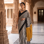Geometric Striped Mulmul Cotton Saree in Classic Black & Ochre