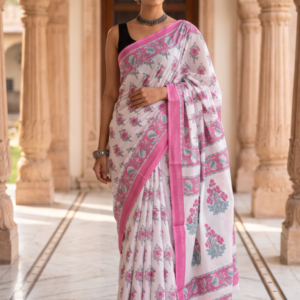 Blush & Sage Floral Hand-Block Printed Mulmul Cotton Saree AW0910