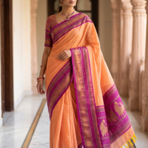Mango Orange & Magenta Kanchi Cotton Saree