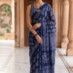 Navy Blue Pure Soft Mulmul Cotton Saree with Traditional Printed Designs AW09101