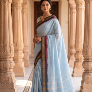Sky Blue Pure Kanchi Cotton Saree with Zari-Accented Korvai Temple Borders