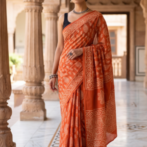 Rustic Rust & Ivory Block-Printed Pure Mulmul Cotton Saree